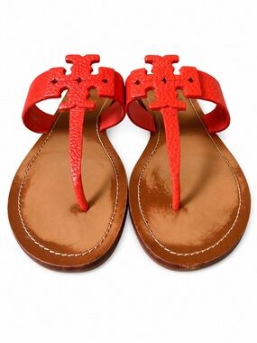 Tory Burch Moore Flat Thong Sandals Poppy Coral Tumbled Leather 9.5 Flip Flops